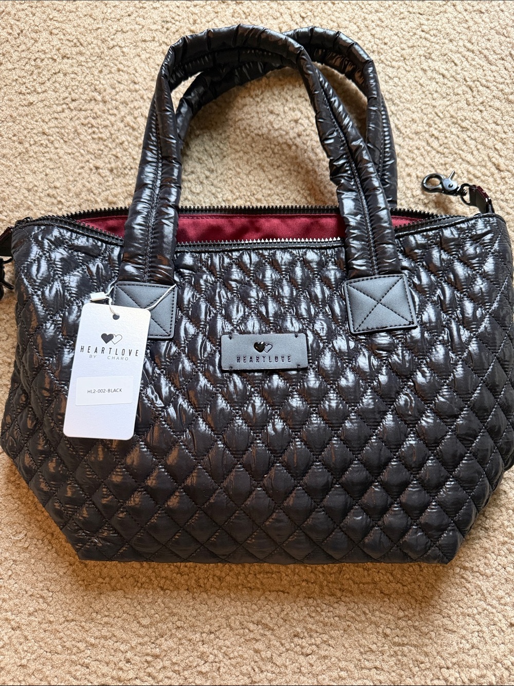 Quilted Black Tote with Burgundy Interior